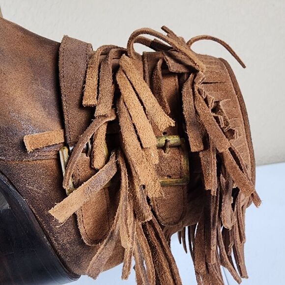 Freebird- Belle Brown Leather Fringe Ankle Boots Rear Zip Booties Bootie, Size 7 - Picture 8 of 12